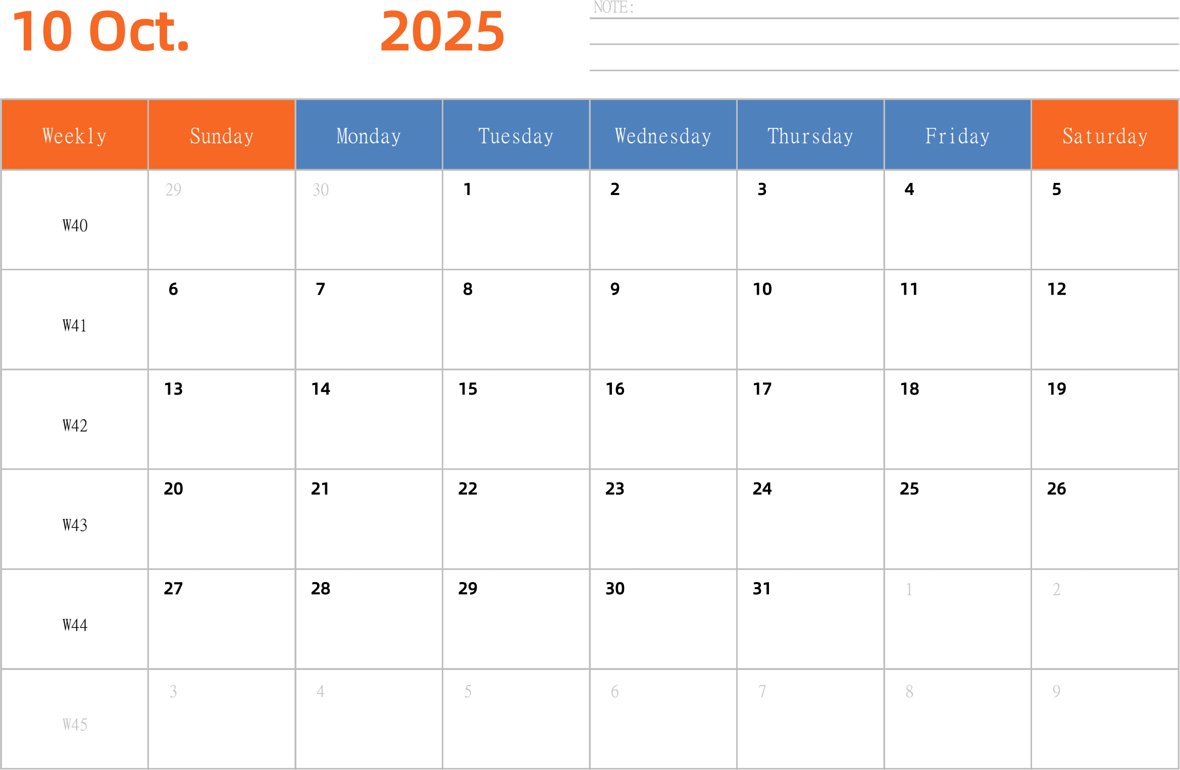 日历表2025年日历 英文版 横向排版 周日开始 带周数